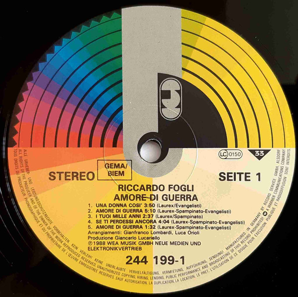 Cover zu Riccardo Fogli - Amore Di Guerra | 1988 | Vinyl | Pop | Germany Schallplatten Ankauf