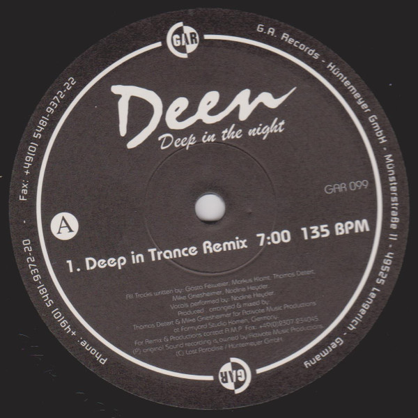 Cover zu Deen - Deep In The Night | 1996 | Vinyl | Electronic | Germany Schallplatten Ankauf