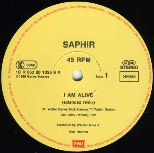 Cover zu Saphir - I Am Alive (Extended Remix) | 1986 | Vinyl | Electronic | Germany Schallplatten Ankauf