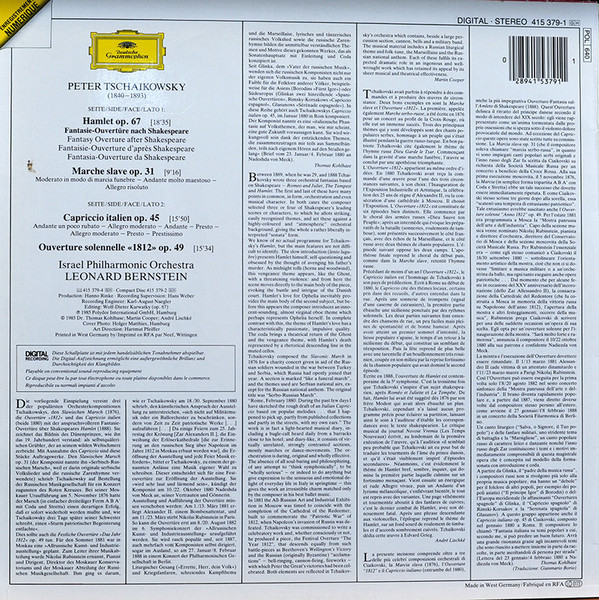 Cover zu Pyotr Ilyich Tchaikovsky - Israel Philharmonic Orchestra / Leonard Bernstein - 1812 Overture · Marche Slave · Hamlet · Capriccio Italien | 1985 | Vinyl | Classical | Europe Schallplatten Ankauf