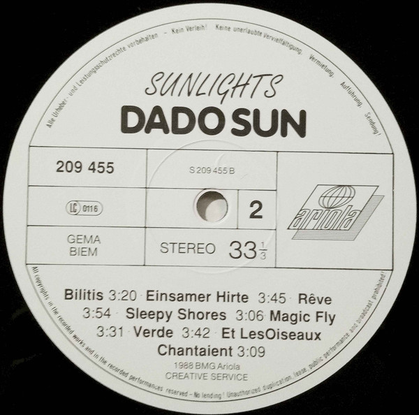 Cover zu Unknown Artist - Dado Sun - Sunlights | 1988 | Vinyl | Pop | Germany