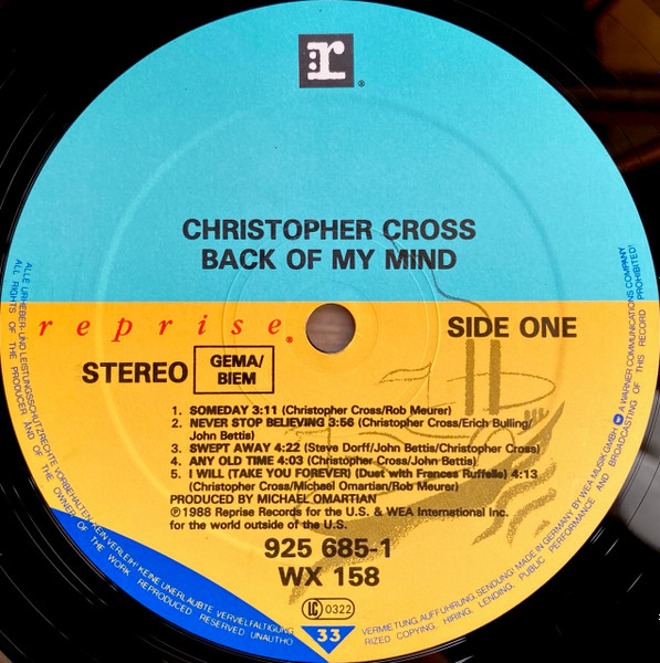 Cover zu Christopher Cross - Back Of My Mind | 1988 | Vinyl | Pop | Europe Schallplatten Ankauf