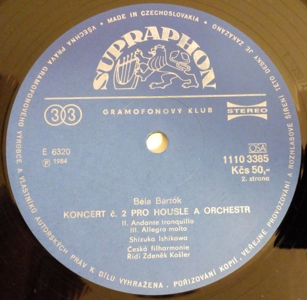 Cover zu Béla Bartók - Shizuka Ishikawa, The Czech Philharmonic Orchestra, Zdeněk Košler - Violin Concerto No.2 | 1984 | Vinyl, LP, Club Edition | Classical | Czechoslovakia Schallplatten Ankauf
