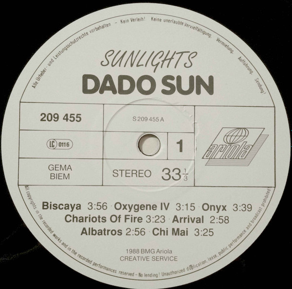 Cover zu Unknown Artist - Dado Sun - Sunlights | 1988 | Vinyl | Pop | Germany Schallplatten Ankauf