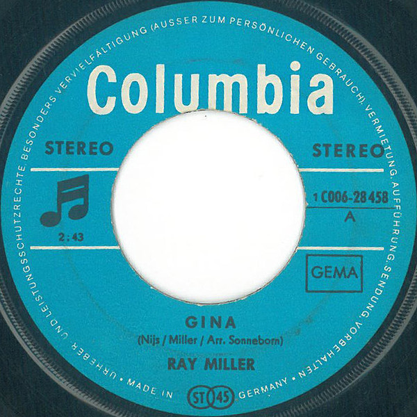 Cover zu Ray Miller - Gina | 1969 | Vinyl | Pop | Germany Schallplatten Ankauf