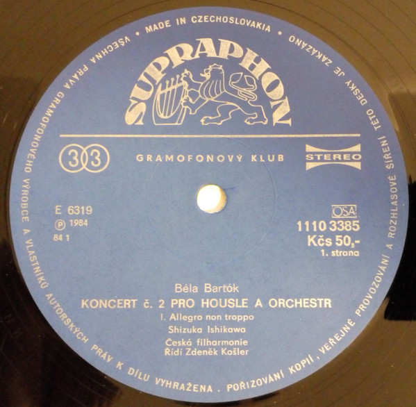 Cover zu Béla Bartók - Shizuka Ishikawa, The Czech Philharmonic Orchestra, Zdeněk Košler - Violin Concerto No.2 | 1984 | Vinyl, LP, Club Edition | Classical | Czechoslovakia