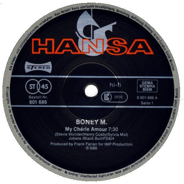 Cover zu Boney M. - My Chérie Amour (U.S. Club-Mix - Special Extended) | 1985 | Vinyl | Electronic | Europe Schallplatten Ankauf