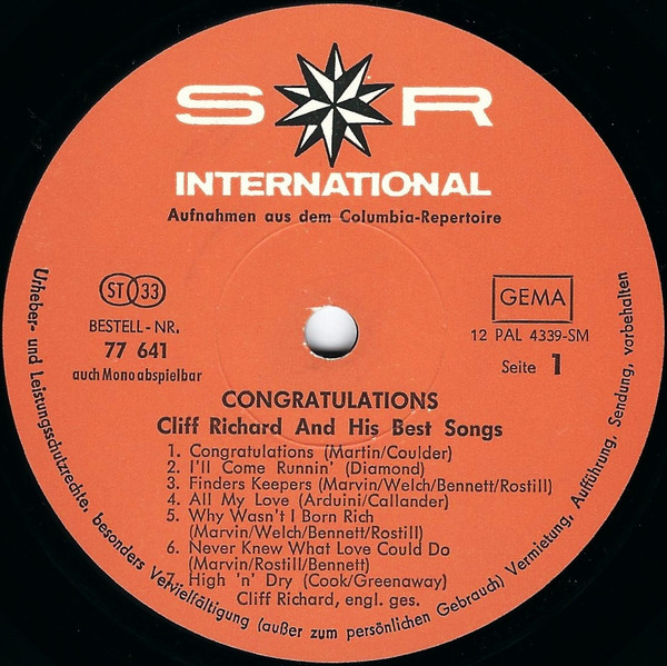 Cover zu Cliff Richard - Congratulations (Cliff Richard And His Best Songs) | 1968 | Vinyl | Pop | Germany