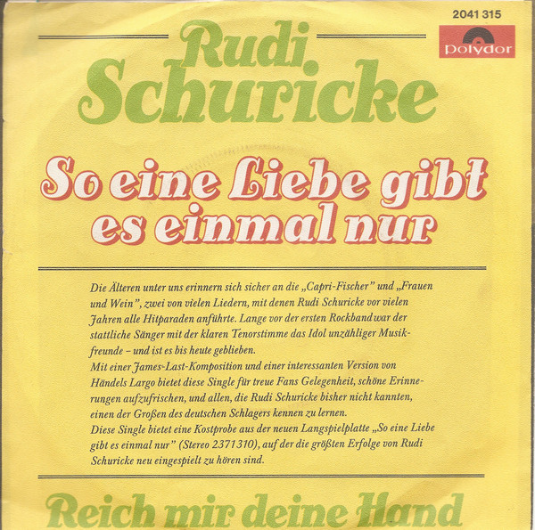 Cover zu Rudi Schuricke - So Eine Liebe Gibt Es Einmal Nur | 1972 | Vinyl | Pop | Germany Schallplatten Ankauf