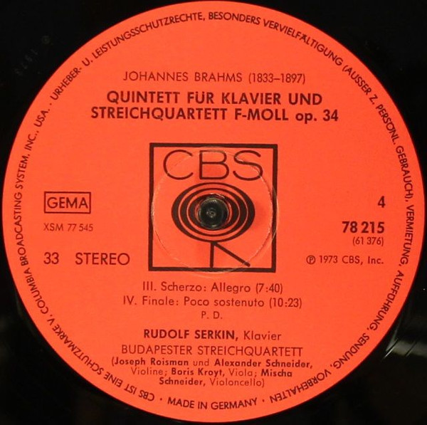 Cover zu Robert Schumann / Johannes Brahms - Rudolf Serkin, Michael Tree, Myron Bloom / Budapest String Quartet - Quintett Für Klavier Und Streichquartett / Trio Für Klavier, Violine Und Horn / Quint