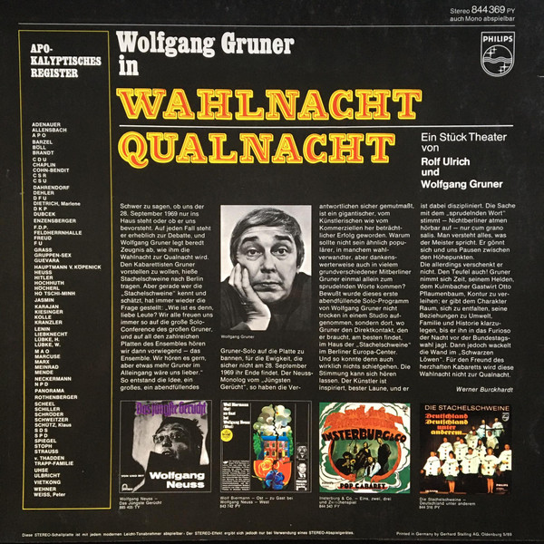 Cover zu Wolfgang Gruner - Wahlnacht - Qualnacht. Live Im Europa-Center Berlin | 1969 | Vinyl | Non-Music | Germany Schallplatten Ankauf