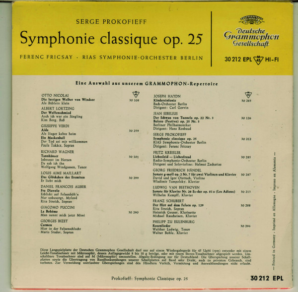 Cover zu Sergei Prokofiev, Ferenc Fricsay, RIAS Symphonie-Orchester Berlin - Symphonie Classique Op. 25 | 1962 | Vinyl | Classical | Germany