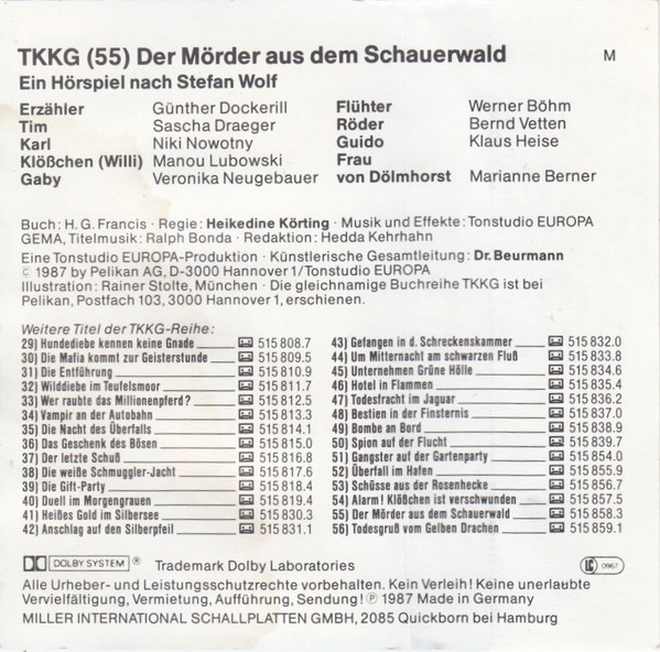 Cover zu Stefan Wolf - TKKG 55 - Der Mörder Aus Dem Schauerwald | 1987 | Vinyl | Non-Music | Germany Schallplatten Ankauf