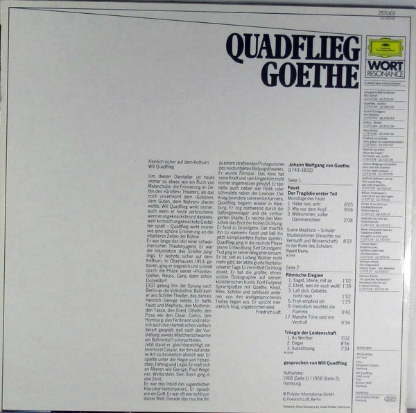 Cover zu Will Quadflieg • Johann Wolfgang von Goethe - Quadflieg • Goethe | Vinyl | Non-Music | Germany Schallplatten Ankauf