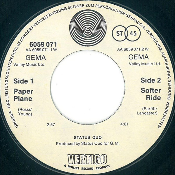 Cover zu Status Quo - Paper Plane | 1972 | Vinyl | Rock | Germany