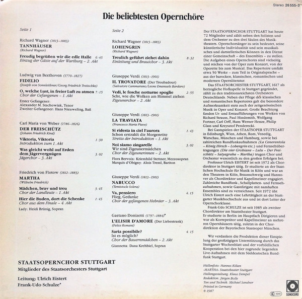 Cover zu Staatsopernchor Stuttgart - Die Beliebtesten Opernchöre | 1987 | Vinyl | Classical | Germany