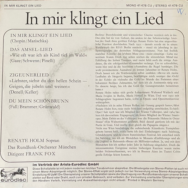 Cover zu Renate Holm, Münchner Rundfunkorchester, Frank Fox - In Mir Klingt Ein Lied | Vinyl | Classical | Germany Schallplatten Ankauf