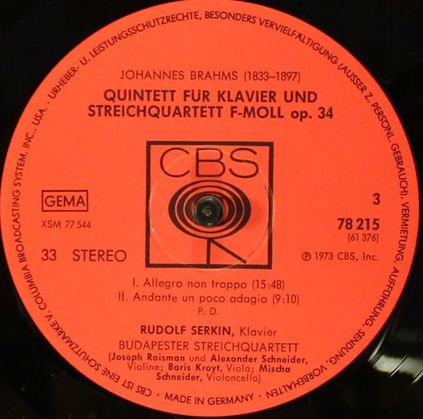 Cover zu Robert Schumann / Johannes Brahms - Rudolf Serkin, Michael Tree, Myron Bloom / Budapest String Quartet - Quintett Für Klavier Und Streichquartett / Trio Für Klavier, Violine Und Horn / Quint