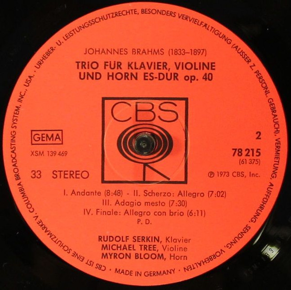 Cover zu Robert Schumann / Johannes Brahms - Rudolf Serkin, Michael Tree, Myron Bloom / Budapest String Quartet - Quintett Für Klavier Und Streichquartett / Trio Für Klavier, Violine Und Horn / Quint
