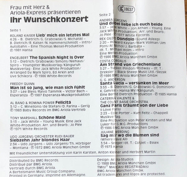 Cover zu Various - Frau Mit Herz & Ariola-Express Präsentieren Ihr Wunschkonzert | 1988 | Vinyl | Pop | Germany