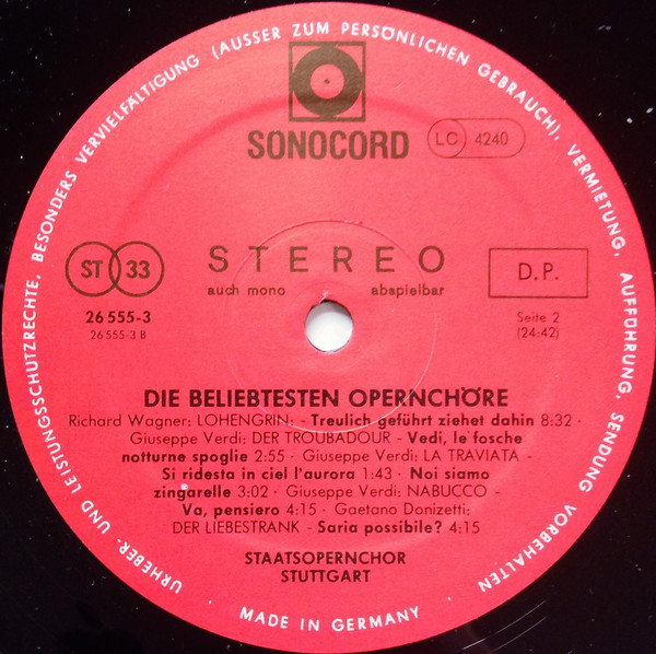 Cover zu Staatsopernchor Stuttgart - Die Beliebtesten Opernchöre | 1987 | Vinyl | Classical | Germany Schallplatten Ankauf
