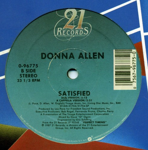 Cover zu Donna Allen - Satisfied | 1987 | Vinyl | Electronic, Funk / Soul | US Schallplatten Ankauf