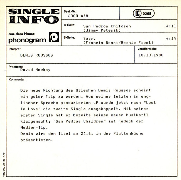 Cover zu Demis Roussos - San Pedros Children / Sorry | 1980 | Vinyl, Stereo, 45 RPM, 7