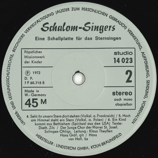 Cover zu Chor Der Gemeinde St. Joseph In Solingen-Ohligs, Klaus Theyßen - Schalom-Singers (Eine Schallplatte Für Das Sternsingen) | 1972 | Vinyl | Folk, World, & Country | Germany