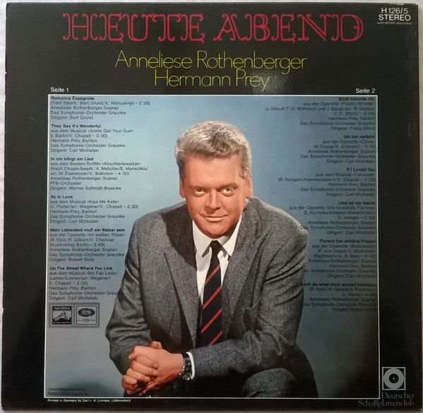 Cover zu Anneliese Rothenberger / Hermann Prey - Heute Abend | 1970 | Vinyl | Pop, Classical | Germany Schallplatten Ankauf