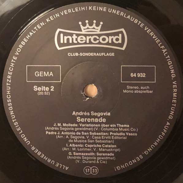 Cover zu Andrés Segovia - Serenade | 1975 | Vinyl | Classical | Germany