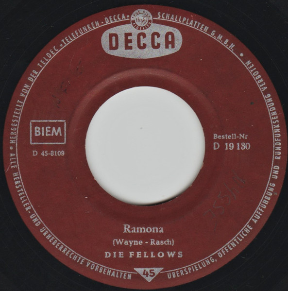 Cover zu Die Fellows - Ramona / Der Letzte Apache | 1960 | Vinyl | Pop | Germany Schallplatten Ankauf