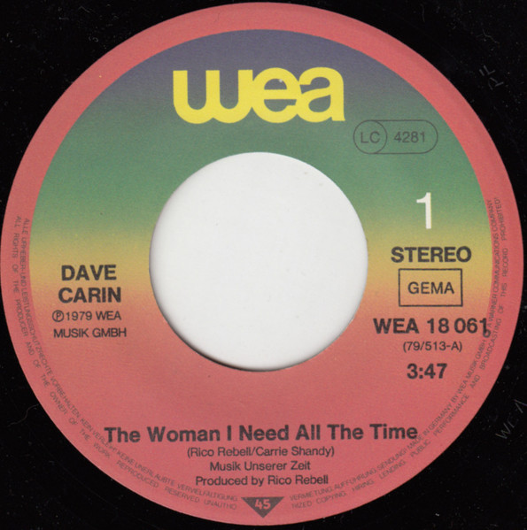 Cover zu Dave Carin - The Woman I Need All The Time | 1979 | Vinyl | Rock | Germany