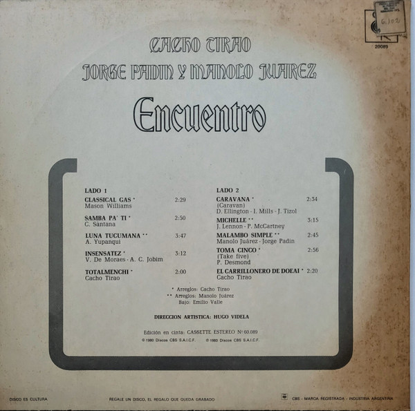 Cover zu Cacho Tirao - Jorge Padin Y Manolo Juárez - Encuentro | 1980 | Vinyl | Jazz, Latin, Folk, World, & Country | Argentina Schallplatten Ankauf