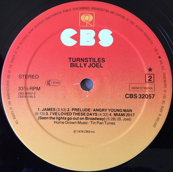Cover zu Billy Joel - Turnstiles | 1982 | Vinyl, LP, Album, Stereo, Reissue | Rock, Pop | Europe