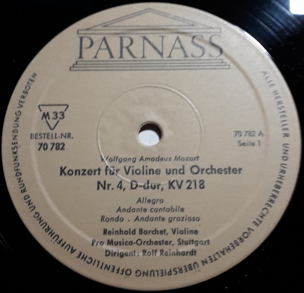 Cover zu Wolfgang Amadeus Mozart - Reinhold Barchet, Pro Musica Orchestra Stuttgart Dirigent: Rolf Reinhardt - »Violinkonzerte« Nr. 4, D-Dur, KV.218 / Nr. 6, Es-Dur, KV.268 | 1965 | Vinyl | Classical Schallplatten Ankauf