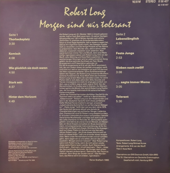 Cover zu Robert Long - Morgen Sind Wir Tolerant | LP, Comp