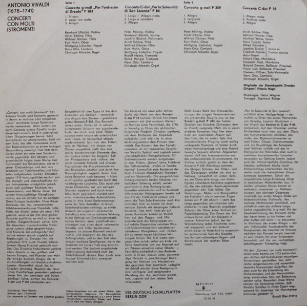 Cover zu Antonio Vivaldi, Staatskapelle Dresden, Vittorio Negri - Concerti Con Molti Istromenti (Concerto „Per L'orchestra Di Dresda“ P 383 U.a.) | LP Schallplatten Ankauf