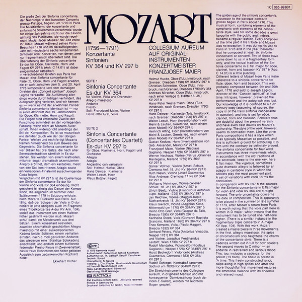 Cover zu Wolfgang Amadeus Mozart – Collegium Aureum, Franzjosef Maier - Konzertante Sinfonien KV364 und KV297b | 1979 | Vinyl | Classical | Germany Schallplatten Ankauf