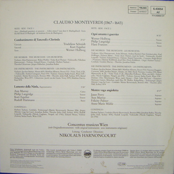Cover zu Claudio Monteverdi, Ann Murray • Trudeliese Schmidt • Felicity Palmer • Janet Perry • Werner Hollweg • Philip Langridge • Kurt Equiluz, Concentus Musicus Wien, Nikolaus Harnoncourt - Il Comb Schallplatten Ankauf