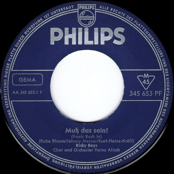 Cover zu Die Ricky Boys - Muss Das Sein / My Sunny Baby | 1963 | Vinyl | Rock, Pop | Germany Schallplatten Ankauf