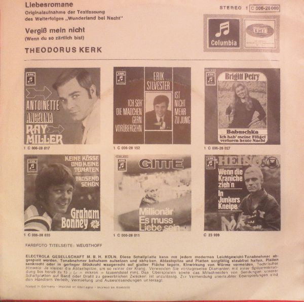 Cover zu Theodorus Kerk - Liebesromane / Vergiss Mein Nicht | 1969 | Vinyl, 45 RPM, 7