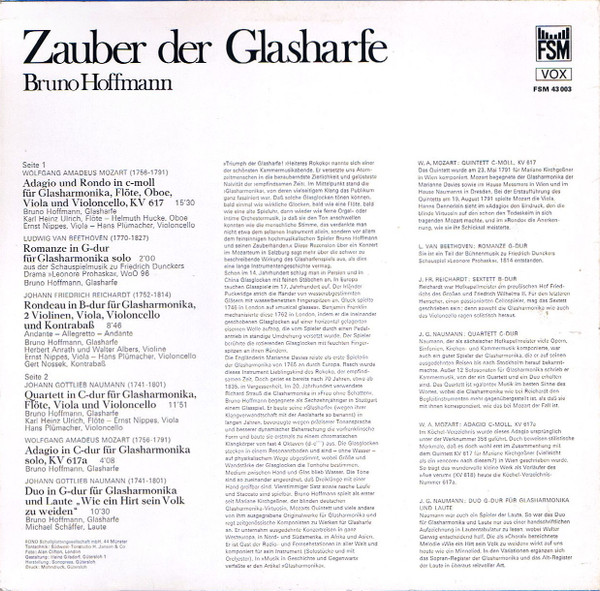Cover zu Wolfgang Amadeus Mozart, Ludwig van Beethoven, Johann Friedrich Reichardt, Johann Gottlieb Naumann - Bruno Hoffmann - Zauber Der Glasharfe | Vinyl | Classical | Germany Schallplatten Ankauf