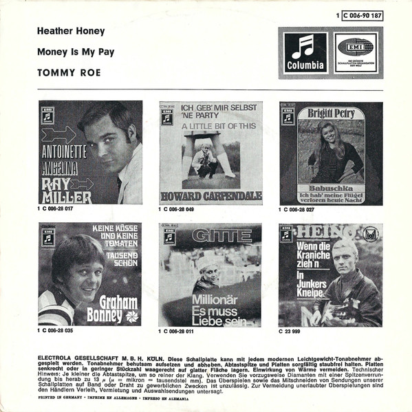 Cover zu Tommy Roe - Heather Honey / Money Is My Pay | 1969 | Vinyl | Rock | Germany