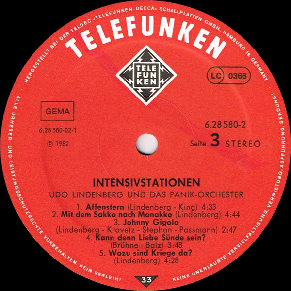 Cover zu Udo Lindenberg - Live - Intensivstationen | 1982 | 2xLP, Album, Gat | Rock | Germany