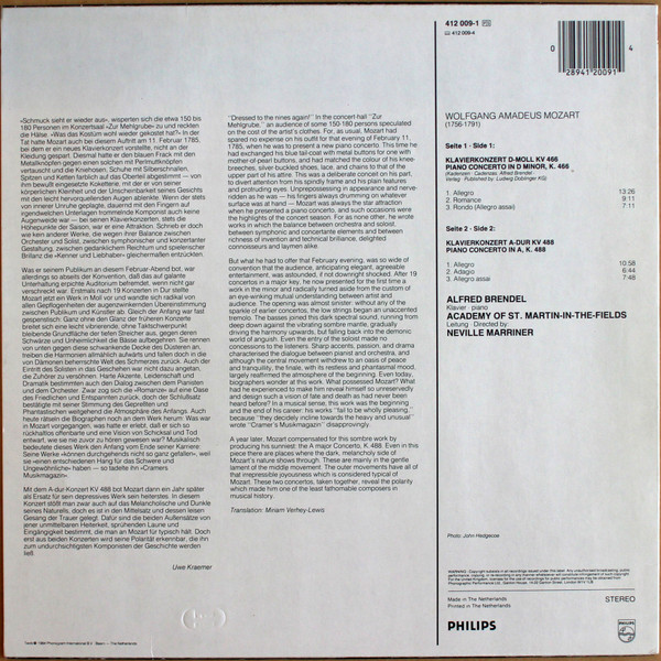 Cover zu Wolfgang Amadeus Mozart - Alfred Brendel, The Academy Of St. Martin-in-the-Fields, Sir Neville Marriner - Piano Concertos No. 20, K. 466 & 23, K. 488 | 1984 | Vinyl | Classical | Netherlands Schallplatten Ankauf