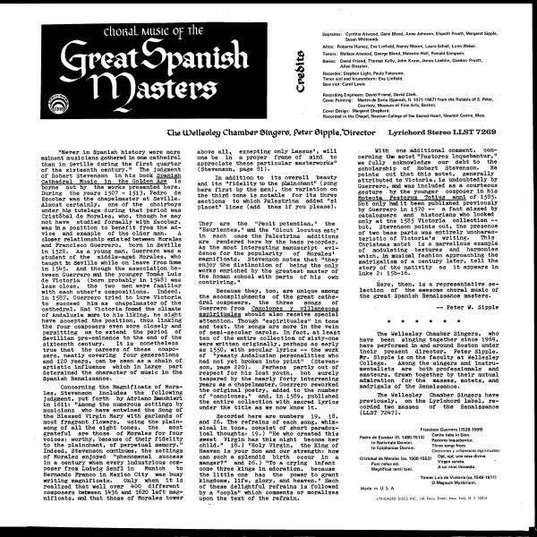 Cover zu The Wellesley Chamber Singers - Choral Music of the Great Spanish Masters | 1974 | Vinyl | Classical | US Schallplatten Ankauf