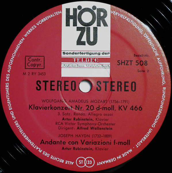 Cover zu Arthur Rubinstein, Wolfgang Amadeus Mozart / Joseph Haydn - Klavierkonzert Nr. 20 D-moll / Andante Con Variazioni F-moll | 1968 | Vinyl | Classical | Germany