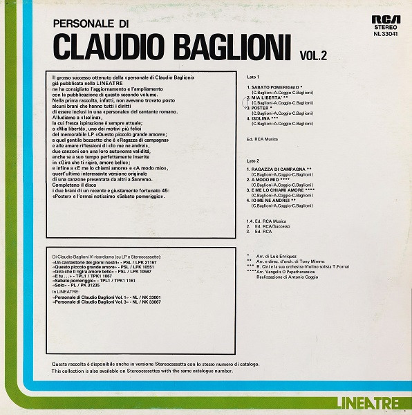 Cover zu Claudio Baglioni - Personale Di Claudio Baglioni Vol. 2 | 1977 | Vinyl | Pop | Italy Schallplatten Ankauf