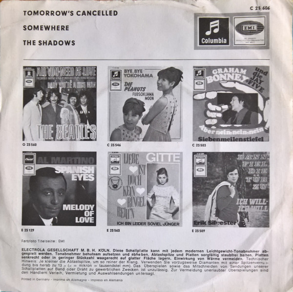 Cover zu The Shadows - Tomorrow's Cancelled | 1967 | Vinyl, 45 RPM, 7