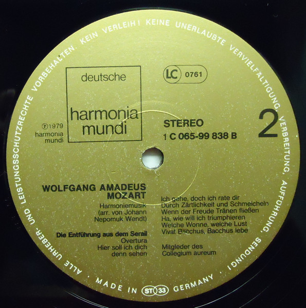 Cover zu Wolfgang Amadeus Mozart, Johann Wendt, Mitglieder Des Collegium Aureum - Harmoniemusiken | 1979 | Vinyl | Classical | Germany